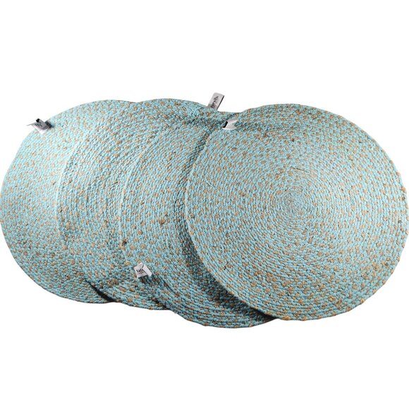 set of 4 Braided Placemats Naturally Danny Seo Round 15" Turquoise Jute Blend - Picture 2 of 7